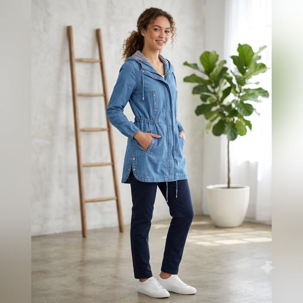 Linea Domani Women's Chambray Denim Utility Anorak Jacket Hooded Striped Lining